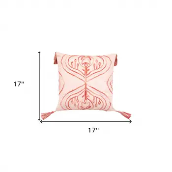 17" X 17" Coral Damask Zippered Polyester Throw Pillow With Tassels