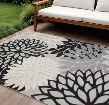 10' X 13' Black And White Floral Indoor Outdoor Area Rug