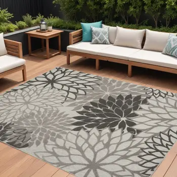 10' X 13' Silver Grey Floral Non Skid Indoor Outdoor Area Rug