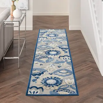 12' Blue And Gray Indoor Outdoor Runner Rug