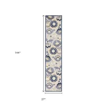 12' Blue And Gray Indoor Outdoor Runner Rug