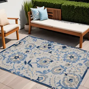 5' X 7' Blue And Gray Indoor Outdoor Area Rug
