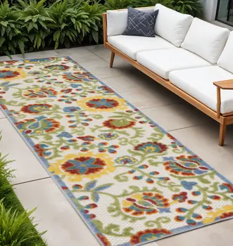 8' Green And Ivory Indoor Outdoor Runner Rug