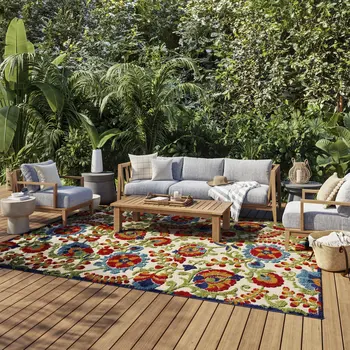 9' X 12' Blue And Beige Indoor Outdoor Area Rug