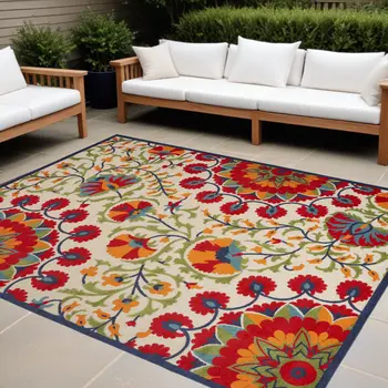 9' X 12' Red And Ivory Indoor Outdoor Area Rug