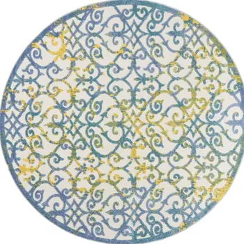 8' X 8' Ivory And Blue Round Indoor Outdoor Area Rug