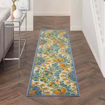 10' Blue And Yellow Indoor Outdoor Runner Rug