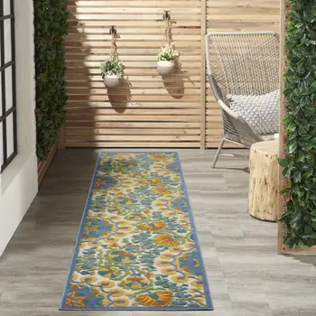 10' Blue And Yellow Indoor Outdoor Runner Rug