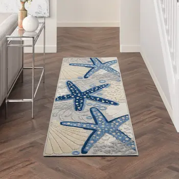 8' Blue And Gray Indoor Outdoor Runner Rug
