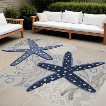 10' X 13' Blue And Gray Starfish Indoor Outdoor Area Rug
