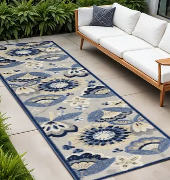 12' Blue And Gray Indoor Outdoor Runner Rug