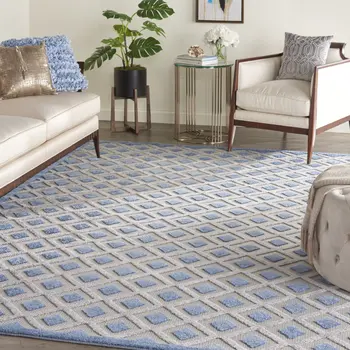 12' X 15' Blue And Grey Gingham Non Skid Indoor Outdoor Area Rug