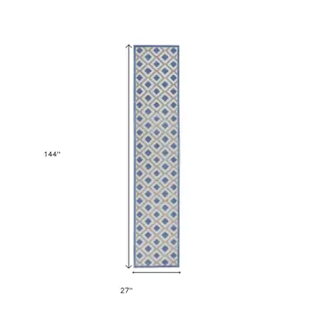 12' Blue And Gray Indoor Outdoor Runner Rug