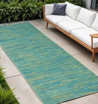 10' Blue And Green Indoor Outdoor Runner Rug