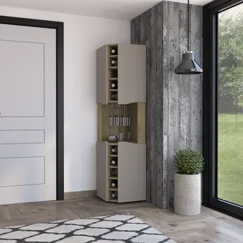 72" Brown and Taupe Wood Corner Bar Cabinet With Four Doors