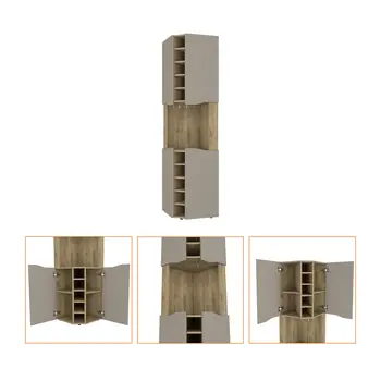 72" Brown and Taupe Wood Corner Bar Cabinet With Four Doors