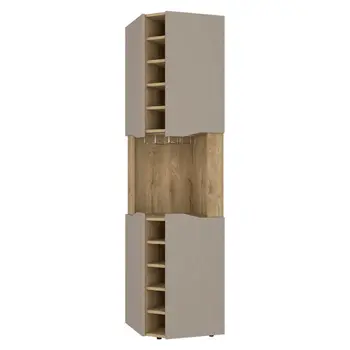72" Brown and Taupe Wood Corner Bar Cabinet With Four Doors