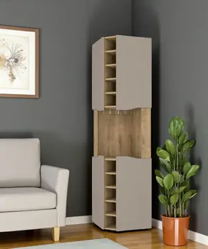 72" Brown and Taupe Wood Corner Bar Cabinet With Four Doors