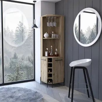 71" Natural Wood Corner Bar Cabinet With Two Doors
