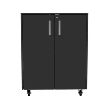 35" Black Wood Rolling Storage Cabinet With Two Doors