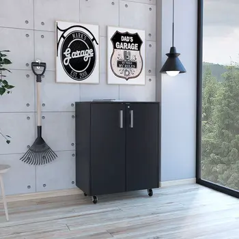 35" Black Wood Rolling Storage Cabinet With Two Doors