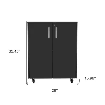 35" Black Wood Rolling Storage Cabinet With Two Doors