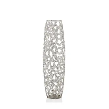 32" Silver Cylinder Crystal Glass Floor Vase With Faux Crystals
