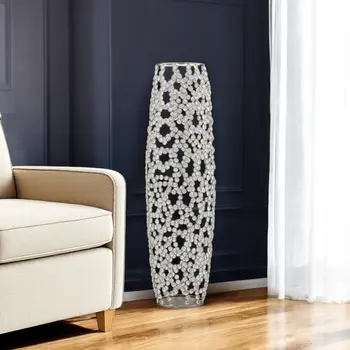 32" Silver Cylinder Crystal Glass Floor Vase With Faux Crystals