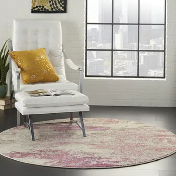 4' X 4' Ivory And Pink Round Abstract Power Loom Non Skid Area Rug