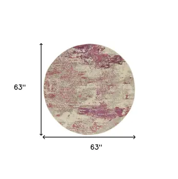 5' X 5' Ivory And Pink Round Abstract Power Loom Non Skid Area Rug