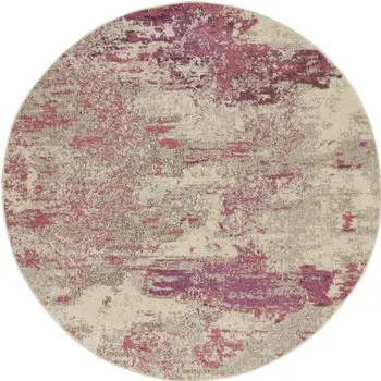 5' X 5' Ivory And Pink Round Abstract Power Loom Non Skid Area Rug