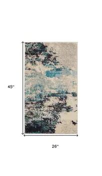 2' X 4' Ivory And Teal Blue Abstract Power Loom Non Skid Area Rug
