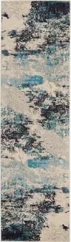 2' X 8' Ivory And Teal Blue Abstract Power Loom Non Skid Runner Rug