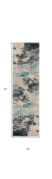 2' X 8' Ivory And Teal Blue Abstract Power Loom Non Skid Runner Rug