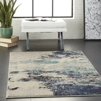 3' X 5' Ivory And Teal Blue Abstract Power Loom Non Skid Area Rug