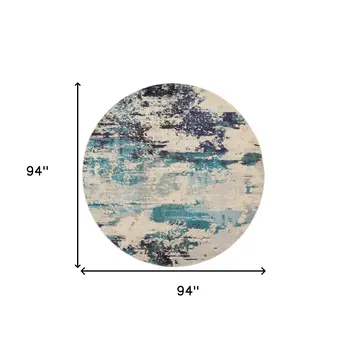 8' X 8' Ivory And Teal Blue Round Abstract Power Loom Non Skid Area Rug