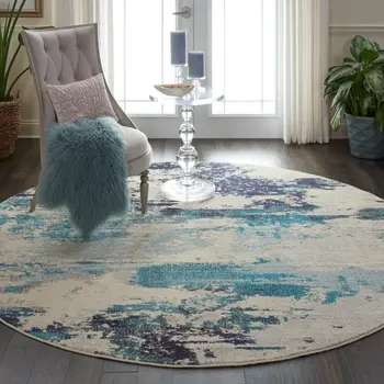 8' X 8' Ivory And Teal Blue Round Abstract Power Loom Non Skid Area Rug