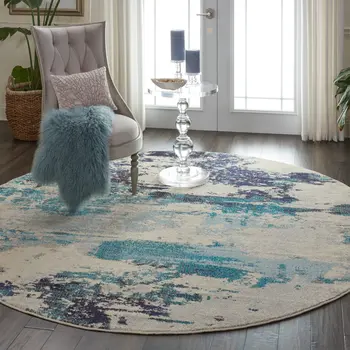 8' X 8' Ivory And Teal Blue Round Abstract Power Loom Non Skid Area Rug