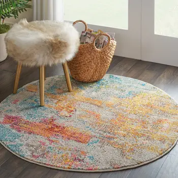 4' Blue And Ivory Abstract Round Rug