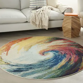 4' X 4' Wave Round Abstract Power Loom Non Skid Area Rug