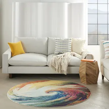 4' X 4' Wave Round Abstract Power Loom Non Skid Area Rug