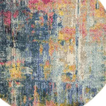 4' Blue And Yellow Abstract Round Rug