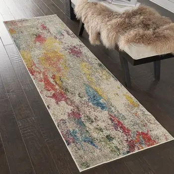 2' X 8' Ivory Abstract Power Loom Non Skid Runner Rug