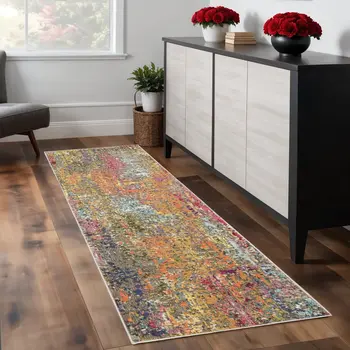 8' Blue Yellow And Orange Abstract Runner Rug