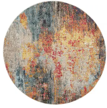5' Blue And Orange Abstract Round Rug