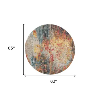 5' Blue And Orange Abstract Round Rug