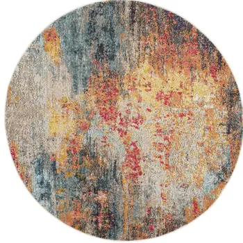 5' Blue And Orange Abstract Round Rug