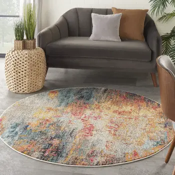 5' Blue And Orange Abstract Round Rug