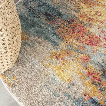 5' Blue And Orange Abstract Round Rug