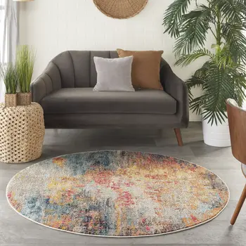5' Blue And Orange Abstract Round Rug